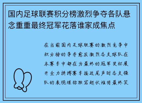 国内足球联赛积分榜激烈争夺各队悬念重重最终冠军花落谁家成焦点