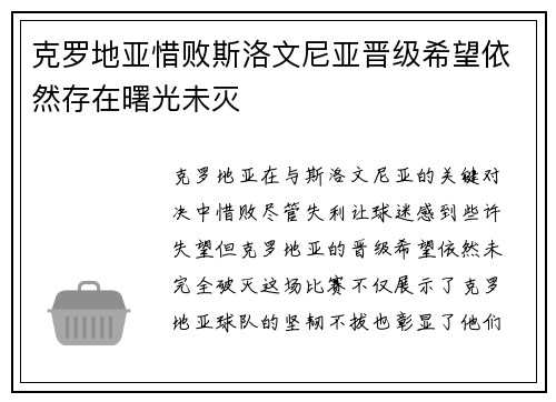 克罗地亚惜败斯洛文尼亚晋级希望依然存在曙光未灭 克罗地亚惜败斯洛文尼亚晋级希望依然存在曙光未灭