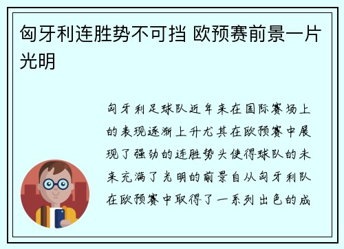 匈牙利连胜势不可挡 欧预赛前景一片光明
